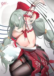 1girl arm_up bandaged_arm bandages black_pantyhose black_skirt blush braid breasts chinese_commentary closed_mouth commentary_request dated dress grey_hair highres jijing_zishui large_breasts long_hair looking_at_viewer low_twin_braids pantyhose phrolova_(wuthering_waves) red_dress signature sitting skirt solo twin_braids wuthering_waves