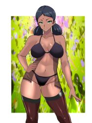 1girl absurdres black_hair border bra breasts collarbone covered_erect_nipples cowboy_shot dark-skinned_female dark_skin facial_mark forehead_mark green_eyes gundam gundam_gquuuuuux hand_on_own_hip highres lalah_sune large_breasts lingerie lips long_hair looking_at_viewer low_twintails navel panties smile solo thighhighs thighs tsu.toxine twintails underwear white_border