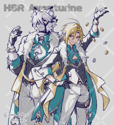2boys ahoge animal_ear_fluff animal_ears aqua_shirt arm_up artist_name aventurine_(honkai:_star_rail) aventurine_(honkai:_star_rail)_(cosplay) black_collar black_gloves black_hair black_vest blonde_hair body_fur bracelet buttons character_name cleavage_cutout closed_mouth clothing_cutout coin collar collared_shirt cosplay dated dice ear_piercing eyepatch fur-trimmed_jacket fur_trim furry furry_male gloves gold_trim grey_background grey_eyes hair_between_eyes half_gloves hand_on_own_hip highres holding holding_dice honkai:_star_rail honkai_(series) hugo_vlad jacket jewelry long_hair looking_at_viewer low_ponytail male_focus mihoyo mole mole_under_eye multicolored_hair multiple_boys multiple_rings muzzle_(mask) one_eye_covered open_clothes open_jacket pants parted_bangs parted_lips piercing pointy_ears polyhedral_dice ponytail red_eyes ring shirt short_hair sidelocks smile smirk streaked_hair thigh_strap three-quarter_sleeves twitter_username v-shaped_eyebrows very_long_hair vest von_lycaon washidake watch white_fur white_hair white_pants wing_collar wolf_boy wolf_ears wristwatch zenless_zone_zero