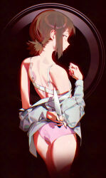 Rule 34 | 1girl, ass, bra, brown eyes, brown hair, chainsaw man, closed mouth, commentary, english commentary, from behind, higashiyama kobeni, highres, holding, holding knife, kitchen knife, knife, panties, pink panties, ponytail, raneblu, shirt, short ponytail, solo, underwear, white bra, white shirt