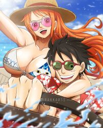1boy 1girl arm_around_neck arm_up artist_name bare_shoulders bikini blue_sky breasts cheek_press cleavage cloud cloudy_sky collarbone commentary driving earrings english_commentary facial_scar floral_print floral_print_shirt front-tie_bikini_top front-tie_top glint gold_earrings green-tinted_eyewear hat highres hoop_earrings jewelry large_breasts long_hair looking_at_viewer monkey_d._luffy nami_(one_piece) ocean one_piece open_clothes open_mouth open_shirt orange_hair outdoors paid_reward_available pink-tinted_eyewear pink_lips print_shirt rakara11_(rakkarts) red-framed_eyewear red_shirt scar scar_on_cheek scar_on_chest scar_on_face shirt sky straw_hat summer sunglasses swimsuit teeth tinted_eyewear underboob upper_body upper_teeth_only water wavy_hair