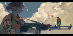 1girl animal beak_hold bipod bird black_gloves blue_eyes blue_sky boonie_hat brown_hair brown_hat camouflage camouflage_jacket chin_strap cloud cloudy_sky flower fringe_trim from_side gloves gun gun_sling hair_bun hat highres holding holding_gun holding_weapon jacket letterboxed light_machine_gun looking_ahead machine_gun military military_hat military_jacket military_uniform mouth_hold orange_shawl original red_flower rhodesia rpd shawl shovei_industry single_hair_bun sky three-quarter_sleeves soldier solo trigger_discipline weapon