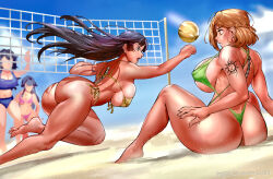 2girls arm_tattoo armpit_crease artist_name ass ball barefoot beach beach_volleyball bikini black_hair blue_sky breasts brown_eyes brown_hair clenched_hand cloud commentary commission dated english_commentary felicia_castro gold_bikini green_eyes green_slingshot_swimsuit hand_up highres huge_breasts jumping keigi knee_up large_breasts long_hair looking_at_another multiple_girls open_mouth outdoors people reaching regina_jackson sand sand_on_skin second-party_source short_hair side-tie_bikini_bottom sitting sky slingshot_swimsuit swimsuit tatakau_ni_atai_suru tattoo volleyball_(object) volleyball_net