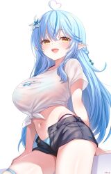 1girl :d ahoge bikini bikini_under_clothes blue_bikini blue_hair braid breasts character_print cleavage commentary_request crossed_bangs denim denim_shorts double-parted_bangs flower hair_between_eyes hair_flower hair_ornament half_up_braid heart heart_ahoge highleg highleg_bikini highres hololive large_breasts long_hair looking_at_viewer multicolored_hair navel ogiyuki open_fly open_mouth pointy_ears print_shirt shirt short_shorts short_sleeves shorts simple_background smile snowflake_hair_ornament solo streaked_hair swimsuit t-shirt tied_shirt very_long_hair virtual_youtuber white_background white_shirt yellow_eyes yukihana_lamy yukimin_(yukihana_lamy)