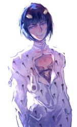1boy backlighting baiyishaonian_huam black_hair blue_eyes blue_hair bob_cut bruno_bucciarati hair_ornament hairclip highres jojo_no_kimyou_na_bouken male_focus matching_hair/eyes pectoral_cleavage pectorals smile solo zipper