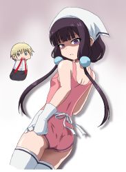1boy 1girl adjusting_clothes adjusting_swimsuit apron artist_request ass bare_shoulders beads blend_s blonde_hair blood breasts cowboy_shot dino_(blend_s) full_body gloves hair_beads hair_ornament headscarf long_hair looking_at_viewer looking_back one-piece_swimsuit open_mouth pink_one-piece_swimsuit sakuranomiya_maika shaded_face simakosama3060 small_breasts swimsuit thighhighs