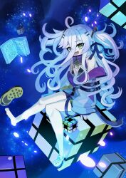 1girl absurdres ahoge black_bra bra breasts cleavage_cutout clothing_cutout commentary crocs cube dress full_body grey_hair haikuyomi_(819) hair_between_eyes hair_ornament hair_ribbon hairclip hashtag-only_commentary henya_the_genius henya_the_genius_(1st_costume) highres jacket long_bangs long_hair looking_at_viewer off_shoulder open_mouth partially_unzipped purple_dress purple_jacket purple_ribbon ribbon sidelocks single_bare_foot sitting sky sleeveless sleeveless_dress small_breasts smile solo space star_(sky) starry_sky two_side_up underwear very_long_hair virtual_youtuber vshojo