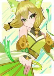 1girl animal_ear_fluff animal_ears bell black_bow blush bow breasts closed_mouth collarbone detached_sleeves duel_monster fox_ears fox_girl green_eyes hand_fan holding holding_fan hu-li_the_jewel_mikanko japanese_clothes long_sleeves looking_at_viewer medium_breasts musuko_(son_of_everyone) neck_bell simple_background smile solo upper_body yu-gi-oh!