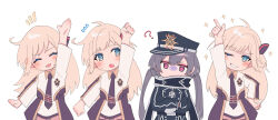 Rule 34 | 4girls, ?, black coat, black gloves, black hat, blonde hair, blue eyes, blush, clone, closed eyes, coat, commentary request, crossed arms, emptyayya, flying sweatdrops, gloves, hat, highres, index finger raised, jacket, long hair, multiple girls, one eye closed, open mouth, pink eyes, simple background, skirt, sky striker ace - raye, sky striker ace - roze, smile, sparkle, white background, white jacket, white skirt, yu-gi-oh!