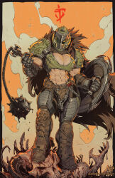 1girl abs armor assault_visor belt blood breasts cleavage doom:_the_dark_ages doom_(series) doomguy gauntlets genderswap genderswap_(mtf) green_armor helmet highres holding holding_flail holding_shield holding_weapon kajin_(kajinman) large_breasts midriff navel pauldrons pile_of_corpses shield shoulder_armor solo space_marine spiked_shield weapon