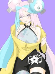 Rule 34 | 1girl, absurdres, blue hair, bow-shaped hair, breasts, character hair ornament, collarbone, commentary request, grey shirt, hair ornament, hand up, head tilt, highres, iono (pokemon), jacket, long hair, majikichi915, multicolored hair, nintendo, open mouth, pantyhose, pink hair, pokemon, pokemon sv, purple background, shirt, simple background, sleeveless, sleeveless shirt, smile, solo, star (symbol), star print, thigh strap, two-tone hair, yellow jacket