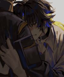 2boys asaba_harumasa black_choker black_hair black_necktie choker collared_shirt crying crying_with_eyes_open grey_jacket headband highres hug jacket long_sleeves moyu0211 multiple_boys necktie shirt solo_focus tears white_shirt wise_(zenless_zone_zero) yellow_eyes yellow_headband zenless_zone_zero