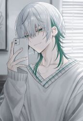1boy blurry blurry_background cellphone closed_mouth collarbone colored_inner_hair commentary_request ear_piercing earrings green_eyes green_hair hair_between_eyes highres holding holding_phone huzurina_suruba indoors jewelry long_sleeves looking_at_phone male_focus medium_hair mole mole_under_mouth multicolored_hair original phone piercing selfie solo sweater twitter_username two-tone_hair upper_body white_hair white_sweater wide_sleeves window_blinds