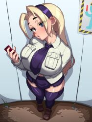 1girl absurdres arm_under_breasts black_necktie black_skirt black_thighhighs blonde_hair blue_eyes blush breasts cellphone collared_shirt commentary_request filia_(skullgirls) full_body highres holding holding_phone large_breasts long_hair long_sleeves looking_at_viewer mugiotoko necktie official_alternate_hair_color open_mouth phone shirt sidelocks skirt skullgirls smartphone solo standing thighhighs thighs white_shirt