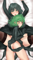 2girls anus ass bed_sheet black_dress black_legwear blush closed_mouth curly_hair dress fubuki_(one-punch_man) green_eyes green_hair hair_between_eyes highres long_sleeves looking_at_viewer lying multiple_girls on_back one-punch_man open_mouth partially_visible_anus pelvic_curtain short_hair shpo siblings sisters spread_legs tatsumaki thighhighs