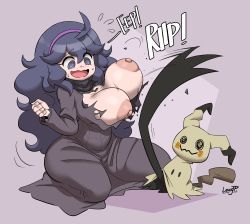 1girl @_@ ahoge alternate_breast_size blush bouncing_breasts breasts creatures_(company) dress full_body game_freak gen_7_pokemon hairband hex_maniac_(pokemon) highres joao_pereira kneeling large_breasts long_hair long_sleeves matching_hair/eyes messy_hair mimikyu nintendo nipples open_mouth pokemon pokemon_(creature) pokemon_xy purple_background purple_dress purple_eyes purple_hair simple_background spider_web_print sweat torn_clothes turtleneck wavy_mouth