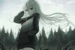 1girl absurdres blue_eyes closed_mouth cloud cloudy_sky cowboy_shot day floating_hair forest grass grey_hair grey_hoodie grey_sky hair_between_eyes hand_in_own_hair hand_in_pocket highres hood hood_down hoodie kkamkkam light_frown long_hair long_sleeves looking_at_viewer nature outdoors pine_tree project_sekai sky solo standing tree very_long_hair wind yoisaki_kanade