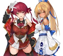 2girls ascot black_choker black_coat black_thighhighs breasts choker closed_mouth coat cropped_jacket dark-skinned_female dark_elf dark_skin dress elf frilled_choker frills gloves hair_ribbon heterochromia highres hololive houshou_marine houshou_marine_(1st_costume) jacket large_breasts leotard leotard_under_clothes long_hair looking_at_viewer multicolored_hair multiple_girls orange_eyes pointy_ears ponytail red_ascot red_coat red_eyes red_hair red_jacket red_ribbon red_skirt ribbon shiranui_flare shiranui_flare_(1st_costume) skirt sleeveless sleeveless_jacket smile streaked_hair thighhighs tongue tongue_out twintails two-sided_coat two-sided_fabric virtual_youtuber white_dress white_gloves white_hair yae_chitokiya yellow_eyes