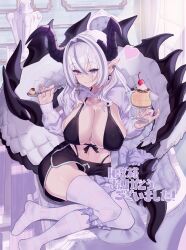 1girl black_bra black_shorts blue_eyes bra breasts cleavage closed_mouth commission commissioner_name cup demon_horns food grey_hair heart highres holding holding_cup holding_spoon horns indoors large_breasts long_hair looking_at_viewer original pointy_ears pudding shirogami_seisho shorts sitting skeb_commission solo spoon thank_you thighhighs underwear white_thighhighs