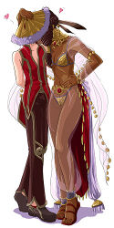 1boy 1girl assertive_female bikini black_shoes brown_hair brown_pants commentary_request dancer dancer_(ragnarok_online) dark-skinned_female dark_skin folding_fan full_body hand_fan harem_pants heart hetero kiss lowres mr.romance pants ragnarok_online red_sandals red_shirt red_skirt sandals see-through_clothes see-through_pants sequins shirt shoes showgirl_skirt simple_background skirt sleeveless sleeveless_shirt standing swimsuit white_background wizard_(ragnarok_online) yellow_bikini