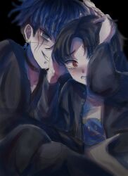 2boys black_background black_hair blue_hair blush crying crying_with_eyes_open earrings face_piercing highres jewelry lip_piercing looking_at_viewer maruko_gaku multicolored_hair multiple_boys omokage_yugamu open_mouth parted_hair piercing red_eyes simple_background smile tears teeth the_hundred_line_-last_defense_academy- yaoi