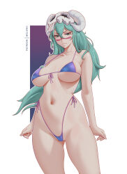 1girl alternate_eye_color arrancar artist_name bare_shoulders bikini bleach breasts collarbone facial_mark female_focus green_eyes green_hair highres long_hair mask mask_on_head medium_breasts melowh navel nelliel_tu_odelschwanck patreon_username scar scar_on_face simple_background skull_on_head standing swimsuit white_background