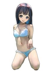 1girl absurdres bare_shoulders bikini black_bikini black_hair blue_bikini blue_eyes blush breasts cleavage emutsuichi frilled_bikini frills highres long_hair looking_at_viewer navel open_mouth original simple_background small_breasts smile solo stomach swimsuit thighs white_background
