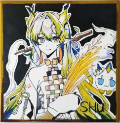 1girl absurdres arknights bare_shoulders blonde_hair blue_hair character_name chinese_commentary closed_mouth colored_extremities colored_skin commentary_request dragon_bubble_(arknights) dragon_girl dragon_horns earrings energio_(lma95) eyeliner green_eyes green_hair hair_between_eyes hair_intakes highres holding holding_plant horns jacket jewelry light_smile long_hair long_sleeves looking_at_viewer makeup multicolored_hair necklace off_shoulder orange_eyeliner orange_pupils photo_(medium) plant pointy_ears shikishi shu_(arknights) solo strapless traditional_media tube_top wheat white_hair white_jacket white_skin white_tube_top