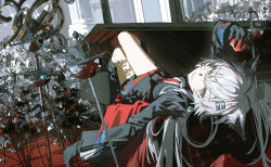 1girl animal_ear_fluff animal_ears apple arknights black_boots black_dress black_gloves boots cape dress food fruit gloves grey_eyes grey_hair highres holding holding_food holding_fruit lappland_(arknights) lappland_the_decadenza_(arknights) long_hair long_sleeves looking_up lying on_back parted_lips planted planted_sword planted_weapon qtian rapier red_cape scar scar_across_eye scar_on_face smile solo sword weapon wolf_ears wolf_girl