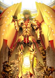 1boy arm_at_side armor armored_boots armored_gloves bangle black_gloves black_hair black_leggings blue_skirt boots bracelet breastplate closed_mouth dark-skinned_male dark_skin earrings elbow_gloves fate/grand_order fate_(series) front_slit full_body game_cg gloves glowing gold_armor gold_earrings gold_trim golden_wings hand_up jewelry koyama_hirokazu leggings long_hair male_focus mechanical_wings official_art overskirt pauldrons red_eyes red_tunic romulus_quirinus_(fate) short_sleeves shoulder_armor skirt solo third-party_source tunic v-shaped_eyebrows variant_set wings