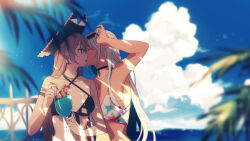 2girls amazuki_jou anchor_earrings armpits azur_lane bare_shoulders beach bikini black_bikini black_choker blonde_hair blue_sky blurry branch breasts choker closed_eyes cloud collarbone commentary_request dark-skinned_female dark_skin day depth_of_field earrings eyewear_lift eyewear_on_head facing_viewer front-tie_bikini_top front-tie_top hat highres historical_connection jean_bart_(azur_lane) jean_bart_(private_apres_midi)_(azur_lane) jewelry kiss large_breasts long_hair margarita massachusetts_(azur_lane) medium_breasts multicolored_bikini multiple_girls necklace official_alternate_costume outdoors palm_tree pink_eyes pirate_hat sky sunglasses swimsuit tree upper_body white_hair yuri