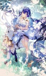 1girl acorn bare_shoulders barefoot blue_flower blue_hair bright_pupils bug butterfly chest_tattoo chromatic_aberration closed_mouth clothing_cutout colored_inner_hair dark_blue_hair deer dress flower full_body hair_between_eyes hair_flower hair_ornament highres honkai_(series) honkai_impact_3rd insect light_blue_hair long_hair looking_at_viewer multicolored_hair purple_eyes rabbit seele_vollerei seele_vollerei_(herrscher_of_rebirth) smile solo standing stomach_cutout tattoo very_long_hair white_dress white_pupils xi_yuu