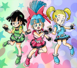00s 1990s_(style) 3girls artist_request belt black_eyes black_gloves black_hair blonde_hair blue_dress blue_eyes blue_footwear blue_hair blue_vest blush bow bra_(dragon_ball) cosplay dragon_ball dragon_ball_gt dragon_quest dress earrings female_focus fingerless_gloves gloves green_dress green_footwear hair_bow hair_ornament hairclip heart heart_background hyper_blossom hyper_blossom_(cosplay) jewelry long_hair lowres marron_(dragon_ball) multiple_girls open_mouth pan_(dragon_ball) pink_dress pink_footwear pink_vest ponytail powered_buttercup powered_buttercup_(cosplay) powerpuff_girls powerpuff_girls_z retro_artstyle rolling_bubbles rolling_bubbles_(cosplay) short_hair smile star_(symbol) star_symbol_background tagme teeth toriyama_akira_(style) twintails vest yellow_vest