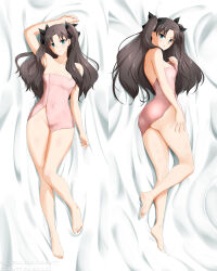 1girl :o arm_up ass barefoot bed_sheet black_hair blue_eyes breasts closed_mouth collarbone commentary covered_navel dakimakura_(medium) fate/stay_night fate_(series) highres kimmy77 long_hair looking_at_viewer lying multiple_views naked_towel on_back on_side small_breasts smile thighs tohsaka_rin towel two_side_up very_long_hair