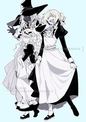 Rule 34 | 3girls, absurdres, anse1289567, apron, blindfold, blonde hair, blush, breasts, duchess (elden ring), elden ring, elden ring nightreign, gloves, hat, highres, long hair, maid, multiple girls, ponytail, recluse (elden ring), revenant (elden ring), simple background, white hair, witch, witch hat