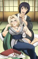 Rule 34 | 2girls, absurdres, black hair, blonde hair, breasts, cleavage, closed mouth, highres, jewelry, large breasts, looking at viewer, madcatstudios, multiple girls, naruto (series), necklace, one eye closed, open mouth, shizune (naruto), smile, tsunade (naruto)