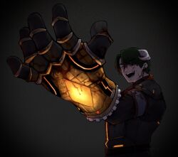 1boy armband black_background black_bodysuit blood blood_on_clothes blood_on_face blood_on_hands bloody_weapon bodysuit e.g.o_(project_moon) employee_(project_moon) frilled_gauntlets frilled_gloves frills gauntlets gem glasses gloves glowing_gem gold_rush_(e.g.o) green_hair grey_armband highres horns lobotomy_corporation looking_at_viewer nugget_(project_moon) open_mouth parted_bangs project_moon sheep_horns simple_background smile solo weapon yatsumeunagi yellow_gemstone
