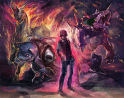 1boy bad_id bad_pixiv_id baseball_cap blastoise epic faux_traditional_media fiery_hair gen_1_pokemon hat ibao jigglypuff male_focus nidoking nintendo pokemon pokemon_(creature) rapidash red_(pokemon) speed_painting when_you_see_it