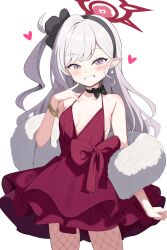 1girl :d absurdres allen_(user_rtdw8823) black_choker black_hairband blue_archive bow bow_choker bracelet breasts choker cleavage cocktail_dress collarbone commentary_request cowboy_shot dress earrings fishnet_pantyhose fishnets frilled_dress frills fur_shawl grey_eyes hair_ornament hair_scrunchie hairband halo highres jewelry long_hair looking_at_viewer mutsuki_(blue_archive) mutsuki_(dress)_(blue_archive) official_alternate_costume official_alternate_hairstyle one_side_up open_mouth pantyhose parted_bangs pointing pointing_at_self pointy_ears red_dress red_halo scrunchie shawl sidelocks simple_background small_breasts smile smirk solo spaghetti_strap white_background white_hair white_shawl