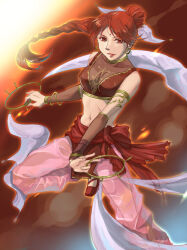 1girl armlet bare_shoulders braid breasts crop_top dancer earrings fire_emblem fire_emblem:_the_sacred_stones harem_pants high_ponytail hoop_earrings jewelry long_hair medium_breasts midriff muni_inno navel nintendo pants ponytail red_eyes red_hair single_braid smile solo tethys_(fire_emblem)