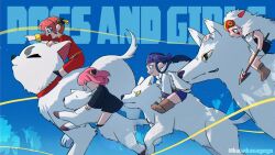 4girls ainu ainu_clothes animal anya_(spy_x_family) asirpa black_dress black_hair blue_background bond_(spy_x_family) child chinese_clothes cloak closed_eyes commentary_request dog dress gintama golden_kamuy hairpods headband highres kagura_(gintama) kasakasagogo long_hair looking_ahead mask mononoke_hime moro_no_ichizoku multiple_girls orange_hair pink_hair profile purple_headband retar sadaharu san_(mononoke_hime) spy_x_family twitter_username white_cloak wolf