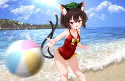 Rule 34 | 1girl, :d, animal ear fluff, animal ear piercing, animal ears, arms up, ball, bare arms, bare legs, beach, beachball, blurry, blurry foreground, blush, bow, breasts, brown hair, cat ears, cat tail, chen, cloud, collarbone, commentary request, contrapposto, covered navel, cumulonimbus cloud, day, double-parted bangs, earrings, fang, feet out of frame, frills, hair between eyes, hat, highres, horizon, jewelry, looking at viewer, mob cap, multiple tails, nail polish, nekomata, one-piece swimsuit, open mouth, outdoors, qi lang3568, red eyes, red nails, red one-piece swimsuit, short hair, single earring, sky, small breasts, smile, solo, standing, swimsuit, tail, touhou, two tails, v-shaped eyebrows, water, yellow bow