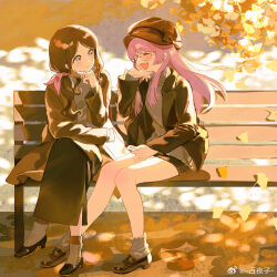 2girls autumn_leaves bang_dream! bang_dream!_it&#039;s_mygo!!!!! bare_legs bench black_jacket black_skirt blush brown_coat brown_hair brown_hat brown_shoes chihaya_anon chinese_commentary closed_eyes closed_mouth coat commentary_request earphones fang glasses grey_eyes grey_sweater hair_ribbon hat highres jacket leaf long_hair looking_at_another multiple_girls nagasaki_soyo on_bench open_mouth outdoors park_bench pink_hair pink_ribbon ribbon shared_earphones shoes sitting skirt smile socks sweater turtleneck turtleneck_sweater white_socks yayako_(804907150) yuri