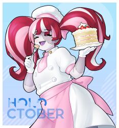 1girl absurdres apron cake chef chef_hat colored_skin food fork grey_hair grey_skin hat highres hololive hololive_indonesia kureiji_ollie long_hair morningpanda multicolored_hair open_mouth patchwork_skin pink_hair red_hair short_hair smile solo stitched_face stitches twintails virtual_youtuber zombie