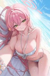 Rule 34 | 1girl, absurdres, ahoge, arm up, bare shoulders, bikini, blue archive, blue sky, blush, breasts, cleavage, cloud, cloudy sky, collarbone, commentary request, day, green eyes, hair intakes, hair spread out, halo, hanako (blue archive), highres, large breasts, long hair, looking at viewer, lying, navel, on side, outdoors, pink hair, pink halo, shiny skin, sky, smile, solo, stomach, swimsuit, thighs, very long hair, white bikini, yamu (yamu 030)
