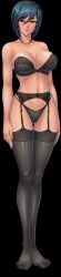 00s 1girl black_thighhighs breasts curvy female_focus full_body garter_belt highres kagami_hirotaka kangoku_senkan kangoku_senkan_2 kangoku_senkan_3 large_breasts lilith-soft lingerie looking_at_viewer naomi_evans panties red_eyes shiny_skin short_hair smile solo standing thighhighs thong underwear