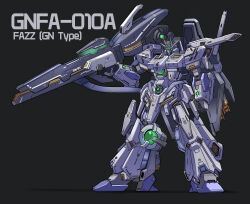 Rule 34 | absurdres, beam cannon, black background, character name, clenched hand, commentary, english commentary, fazz (gundam), full body, green eyes, gundam, gundam 00, gundam sentinel, highres, holding, holding weapon, jellen squish, mecha, mecha focus, mobile suit, no humans, original, redesign, robot, science fiction, solo, standing, v-fin, weapon
