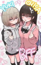 Rule 34 | 2girls, backpack, bag, black bag, black bow, black choker, black skirt, blue bag, blue eyes, blush, bow, brown eyes, brown hair, cardigan, chisa (tori (eherotori)), choker, collarbone, collared shirt, english text, grey hoodie, hair between eyes, hair ornament, hairclip, highres, hood, hoodie, long hair, looking at viewer, miniskirt, multiple girls, open mouth, original, pink cardigan, pleated skirt, school bag, school uniform, shirt, short hair, skirt, tomoyama yuki (tori (eherotori)), torimogura, v, white shirt