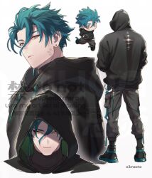 Rule 34 | 1boy, alternate hair length, alternate hairstyle, artist name, black hoodie, black shirt, black shoes, black socks, blue hair, blue shoes, chibi, closed mouth, commentary request, drawstring, earrings, emu (3mecho), facing away, from behind, grey pants, hair between eyes, high tops, highres, hood, hood down, hood up, hoodie, jewelry, jiyan (wuthering waves), long sleeves, looking at viewer, male focus, multicolored shoes, multiple views, pants, scales, shirt, shoes, short hair, simple background, sneakers, socks, standing, stud earrings, turtleneck, twitter username, two-tone shoes, upper body, watermark, white background, wuthering waves, yellow eyes