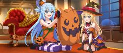 2girls :d aqua_(konosuba) bare_shoulders black_boots black_gloves black_hat black_shoes blonde_hair blue_eyes blue_hair blush boots braid breasts brick_wall couch curtains detached_collar detached_sleeves dot_nose double-parted_bangs dress fingerless_gloves food-themed_hair_ornament game_cg gloves hair_ornament hair_rings halloween halloween_costume hands_on_floor hat highres holding indoors iris_(konosuba) jack-o&#039;-lantern knee_boots kono_subarashii_sekai_ni_shukufuku_wo! konosuba!_fantastic_days lens_flare long_braid long_hair medium_breasts multiple_girls official_art open_mouth orange_dress puffy_short_sleeves puffy_sleeves pumpkin_hair_ornament purple_thighhighs rug seiza shoes short_sleeves single_braid single_hair_ring sitting smile strapless strapless_dress striped_clothes striped_thighhighs thighhighs third-party_source tile_floor tiles very_long_hair wariza window witch_hat